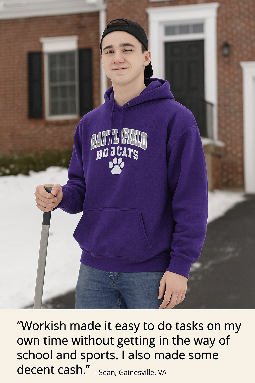 Sean shoveling snow testimonial photo